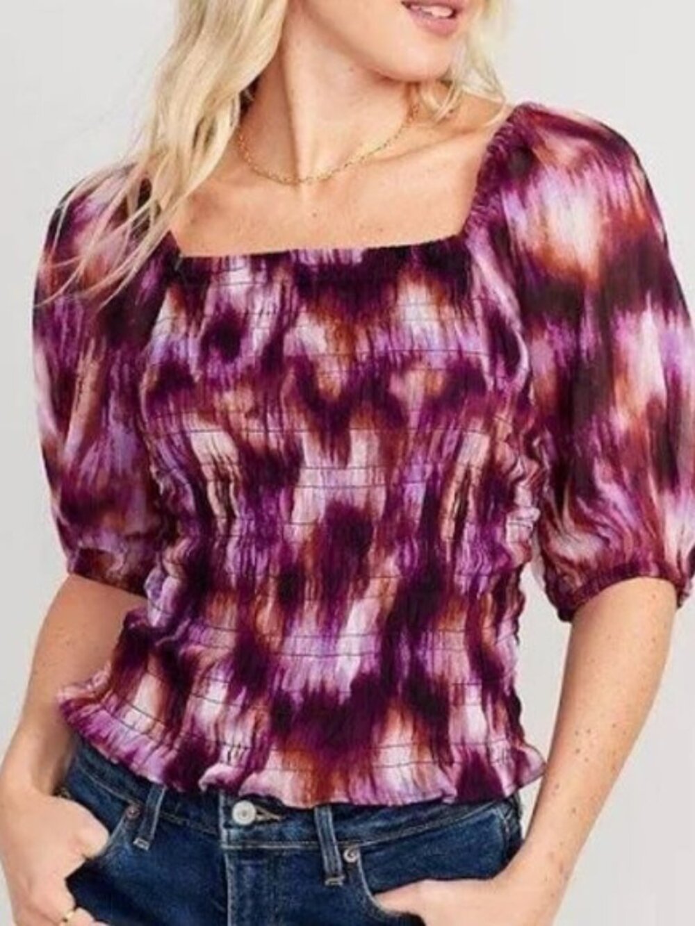 Old Navy Smocked Puff Sleeve Blouse Peasant Top Purple Print Size Large NEW